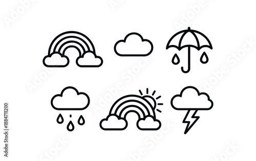 six rainbows and clouds curved rainbow puffy cloud raindrops umbrella sun peeking lightning bolt soft bold black outlines minimal detail flat vector illustration no color