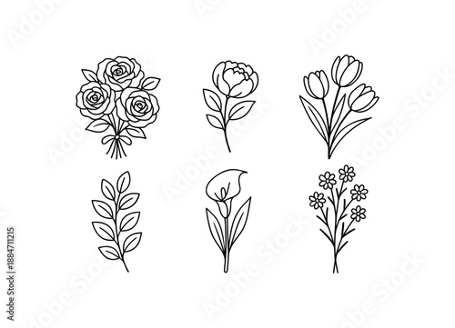six wedding flowers rose bouquet peony boutonniere tulip branch eucalyptus leaves calla lily stem wildflower bunch bold black outlines minimal detail flat vector illustration no color