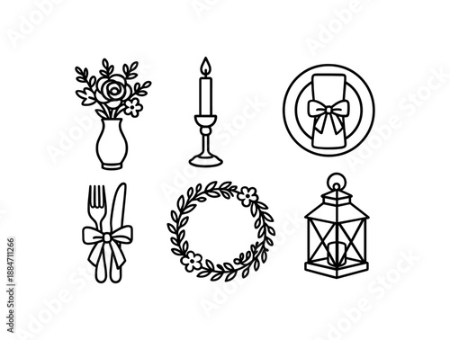 six wedding table decorations flower vase candle holder plate with napkin cutlery tied with ribbon centerpiece wreath lantern bold black outlines minimal detail flat vector illustration no