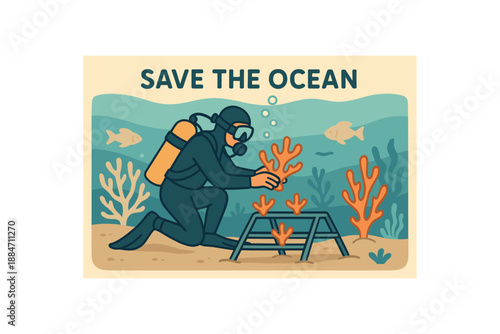 Flat vector illustration of coral restoration diver placing coral fragment soft rounded forms save the ocean cozy eco style