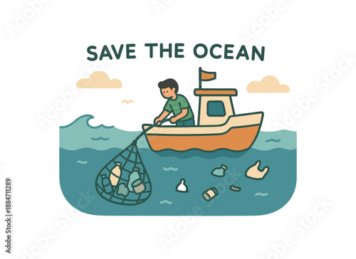 Flat vector illustration of small boat doing ocean cleanup with net of trash soft save the ocean cozy eco style
