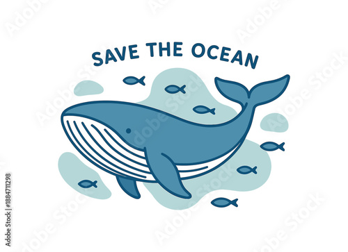 Flat vector illustration of blue whale swimming with tiny fish around soft rounded forms save the ocean cozy eco style