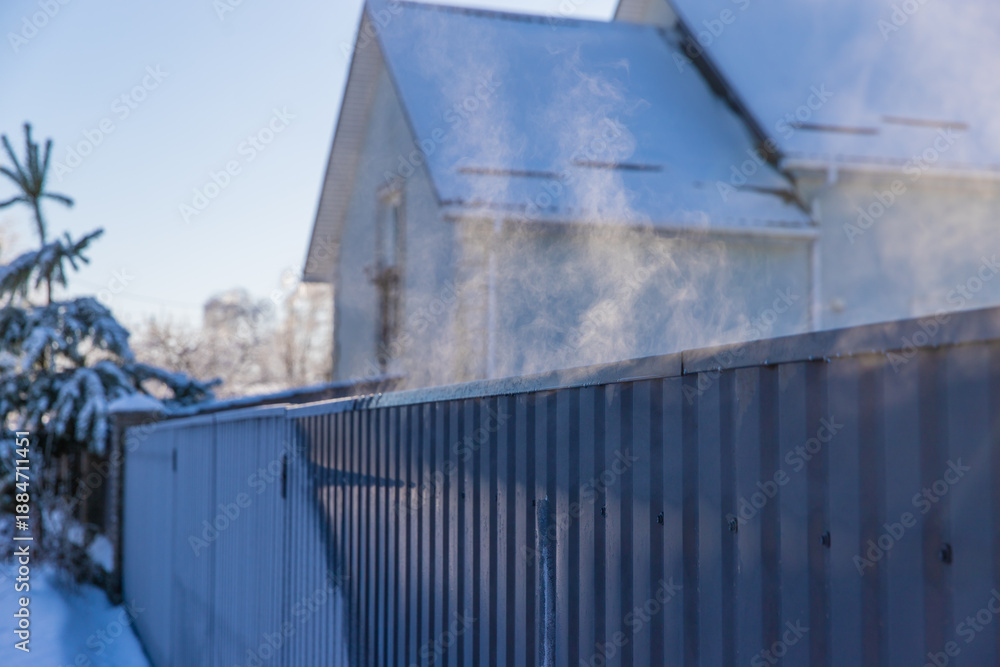Fototapeta premium Evaporation on metal in freezing temperatures. Selective focus.