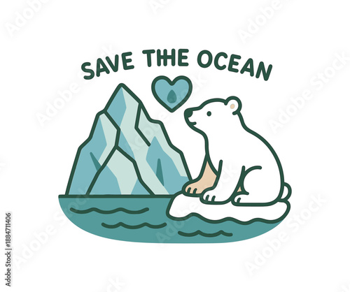 Flat vector illustration of polar bear and iceberg with water droplet heart soft save the ocean cozy eco style