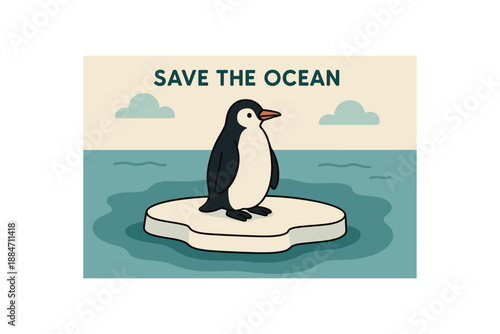 Flat vector illustration of standing on clean ice floe with calm sea soft rounded forms save the ocean cozy eco style