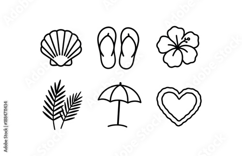 six beach wedding seashells flip flops tropical flower palm leaves beach umbrella sand heart bold black outlines minimal detail flat vector illustration no color