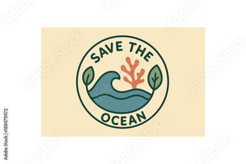Flat vector illustration of save the ocean badge circle with wave coral and two leaves soft save the ocean cozy eco style