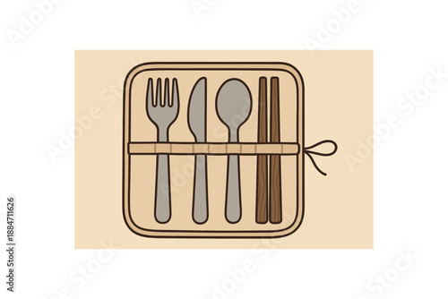 Flat vector illustration of metal cutlery travel set wrap soft rounded forms plastic free lifestyle cozy eco style