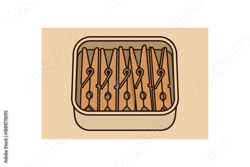 Flat vector illustration of wooden clothes pegs small tin soft rounded forms plastic free lifestyle cozy eco style