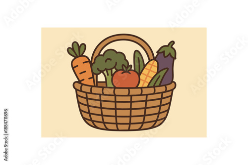 Flat vector illustration of market basket woven with vegetables soft rounded forms plastic free lifestyle cozy eco style