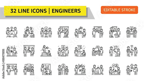Vector Illustration of Engineers Line Icons for Professional Use Cases