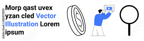 Man holding a media player beside a magnifying glass and a dollar coin. Ideal for search, marketing, finance, online learning, content creation, e-commerce, and simple landing page