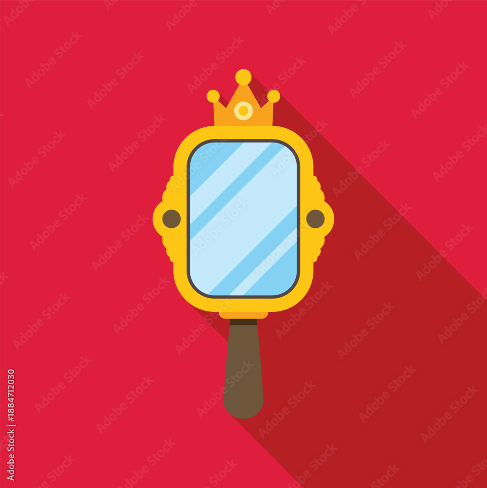 Fototapeta premium Hand mirror with a gold frame and a crown, having a long shadow on a red background