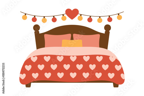 A cozy bed decorated with heart-patterned bedding and colorful string lights for a romantic ambiance