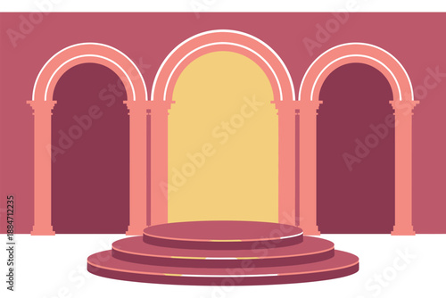 A minimalist illustration of a pink stage with arches and columns on a white background
