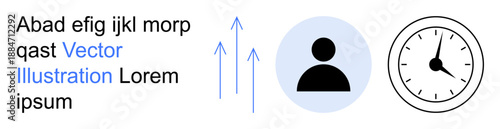 Time management, business productivity, career growth, efficiency, workflow optimization, task prioritization. Clock, upward arrows and user icon. Time management and business productivity visually