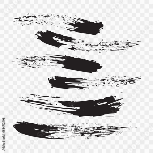 Set of vector black brush strokes for ink paint, grunge design element, mud banner, watercolor design, dirty texture. Isolated brush strokes on transparent background