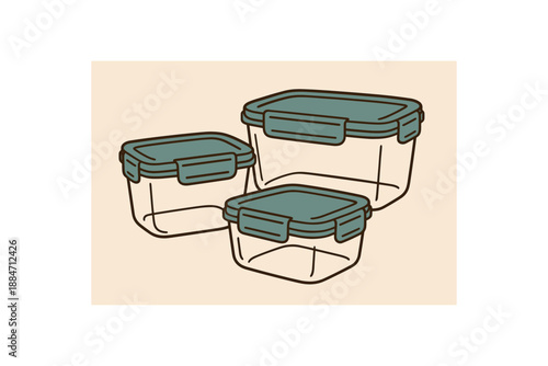 Flat vector illustration of reusable freezer glass containers with clip lids soft rounded forms plastic free lifestyle cozy eco style