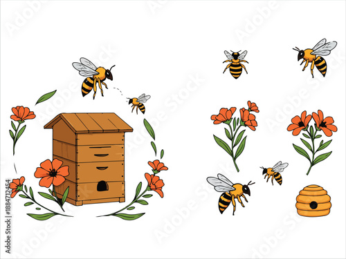 Illustration of Bees and Beekeeping with Flowers