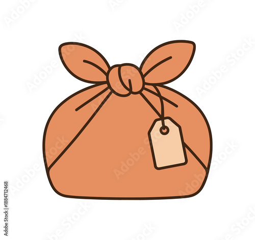 Flat vector illustration of cloth gift wrap furoshiki knot with small tag soft plastic free lifestyle cozy eco style