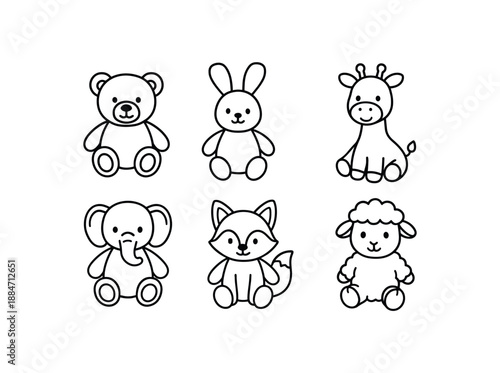 six soft toys teddy bear bunny plush giraffe toy elephant fox plush lamb bold black outlines minimal detail flat vector illustration no color