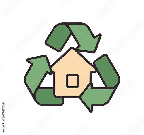 Flat vector illustration of recycling arrows circling around simple house icon soft recycling and upcycling cozy eco style