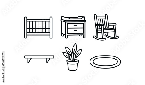 six minimalist nursery elements crib changing table rocking chair shelf plant pot rug bold black outlines minimal detail flat vector illustration no color