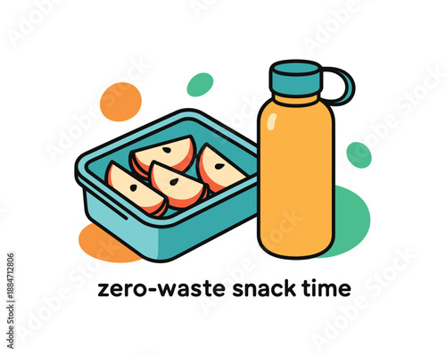 Flat vector illustration of colorful zero waste snack time : slices reusable container and bottle