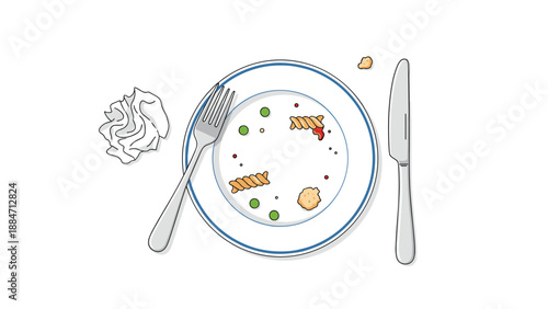 Close-up top view of an empty dirty plate with leftover food scraps, including pasta, peas, and sauce, with cutlery and a crumpled napkin on a white background.