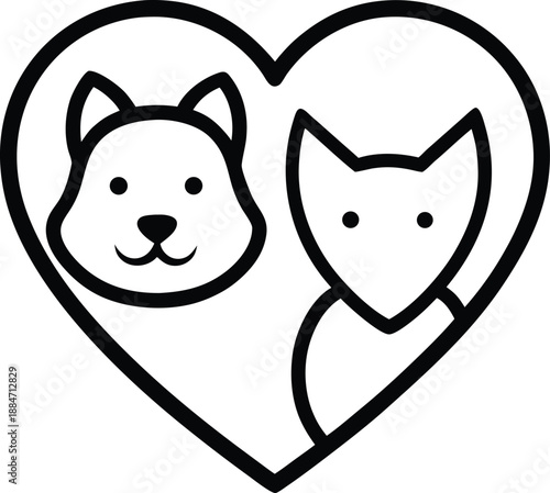 Two Pets Together Inside Heart Animal Friendship Pet Adoption Charity Veterinary Vector Illustration