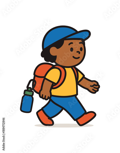 Flat vector illustration of colorful kid carrying reusable bottle on carabiner clip