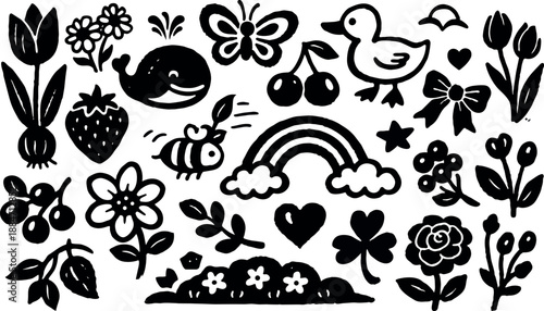 Whimsical kids doodle sheet of spring icons flowers bee rainbow duck whale strawberry cherries hand drawn vector art black