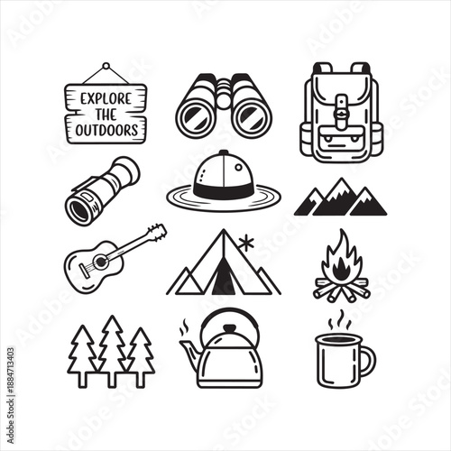 Outdoor camping adventure icons set for nature exploration and hiking activity