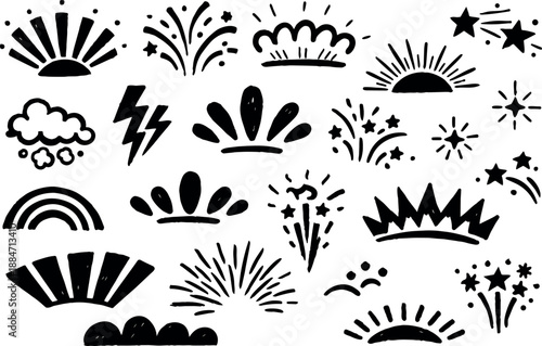 Whimsical kids doodle hand drawn sunbursts crowns stars fireworks vector elements set in black ink isolated transparent background decorative bursts