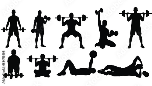 Vector Illustration of People Exercising with Dumbbells and Weights