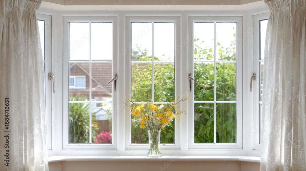 Fototapeta premium Bright interior view shows a white bay window overlooking a verdant garden scene