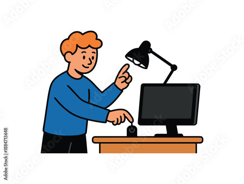 Flat vector illustration of bright person turning off desk lamp and monitor at of day energy saving habit
