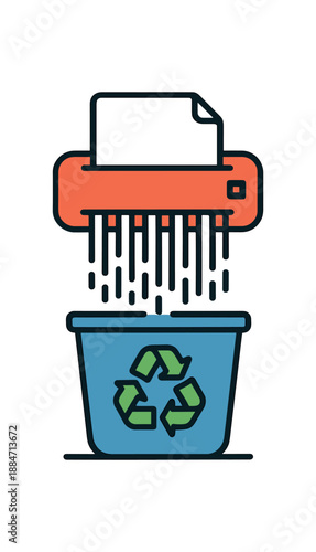Flat vector illustration of bright paper shredding for recycling: shredder with paper strips falling into paper bin
