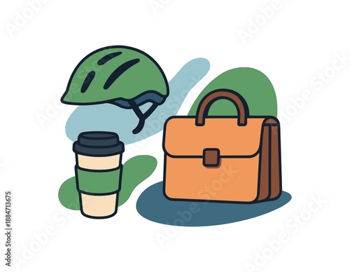Flat vector illustration of colorful green commute to office corner: bike helmet reusable mug laptop bag