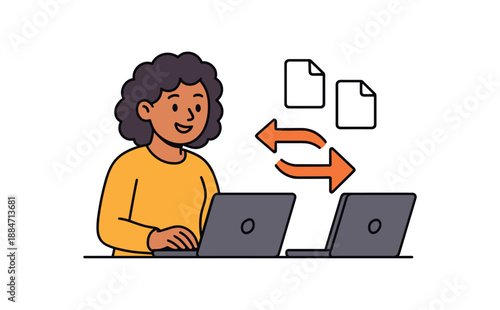 Flat vector illustration of bright coworker sharing digital files via laptop to laptop arrows no printing