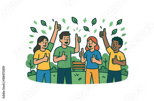 Flat vector illustration of bright volunteers celebrating clean park with thumbs up and leaf confetti