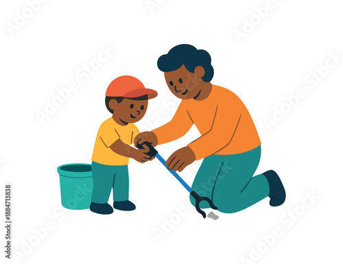 Flat vector illustration of colorful parent teaching child to use litter grabber safely