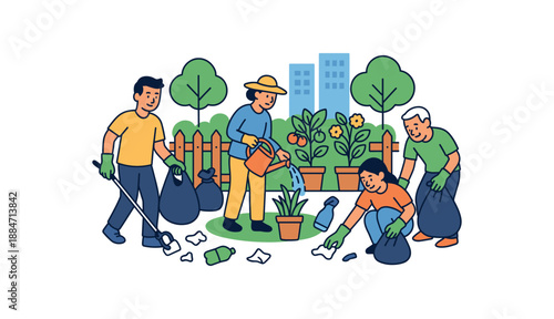Flat vector illustration of colorful urban cleanup around community garden fence people picking litter and watering plants