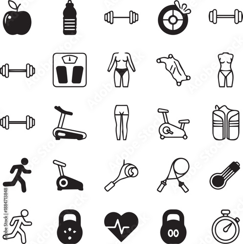 Fitness and Weight Loss Line Icon Set - Gym Equipment, Healthy Diet, and Wellness Symbols for Body Transformation