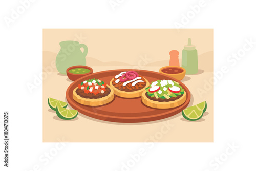 Flat vector illustration of Mexican food sopes platter with toppings as layered flat shapes and lime wedges style clean 2D shapes no outlines minimal details matte colors layered depth