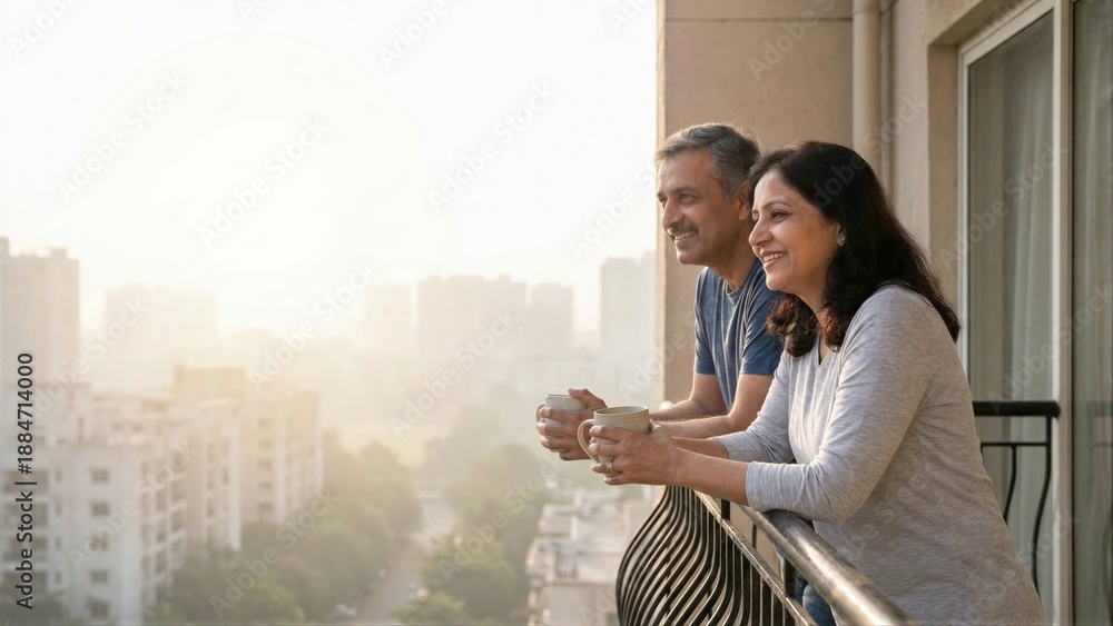 Naklejka premium Senior man and woman couple smiling and holding coffee cups on a balcony with city view. Lifestyle, relationship and happy couple concept