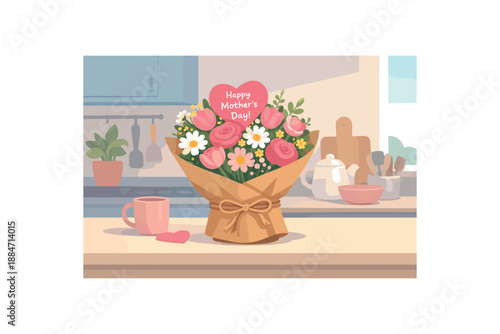 Flat vector illustration of Mother Day bouquet arrangement on kitchen with paper wrap and twine style clean 2D shapes no outlines minimal details matte colors layered depth gentle