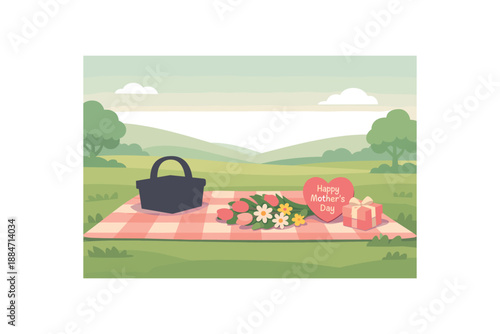 Flat vector illustration of Mother Day picnic setup with blanket basket silhouette and flowers laid style clean 2D shapes no outlines minimal details matte colors layered depth gentle