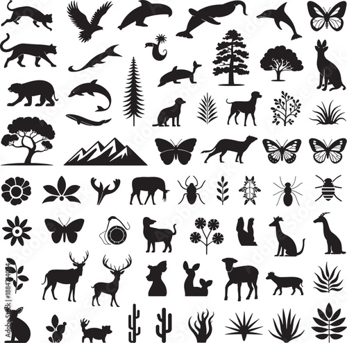 Wildlife Silhouette Collection: An assorted collection of animal, plant, and landscape silhouettes, offering a diverse array of creative assets Wild and farm animal silhouettes collection with various