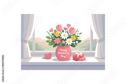 Flat vector illustration of Mother Day bouquet vase on windowsill with soft morning haze and curtains silhouettes style clean 2D shapes no outlines minimal details matte colors layered